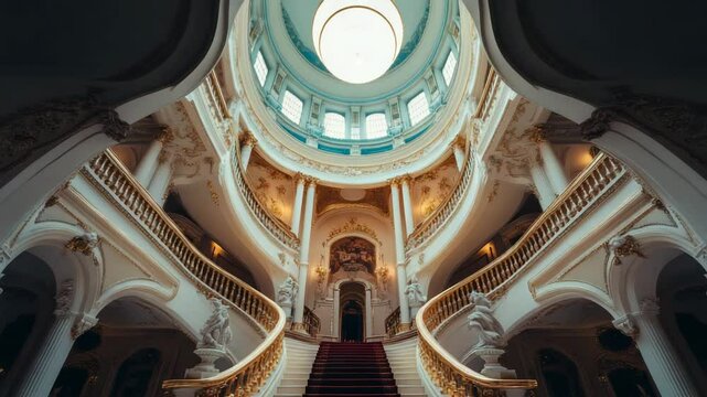 A large, ornate staircase leads up to a grand room. The room is filled with statues and has a very elegant and luxurious feel