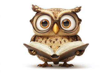 A Wise Cartoon Owl Holding an Open Book, Symbolizing Knowledge and Learning in a Whimsical Style, Perfect for Educational Themes and Child-Friendly Content