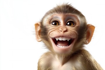 Playful Baby Monkey Smiling Joyfully with Big Eyes in a Studio Setting Against a White Background