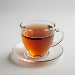 Glass Cup of Tea: A transparent glass cup filled with steaming tea, sitting atop a matching saucer