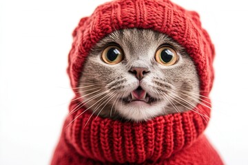 Playful Gray Kitten in a Cozy Red Sweater, Adorably Expressing Curiosity Against a Soft White Background. concept for christmas or new year	