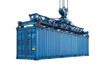 A large blue shipping container being lifted by a crane.  Detailed machinery is attached to the container
