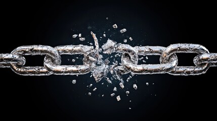 Metal chain breaking in the middle with shattered fragments flying symbolizing freedom strength and resistance