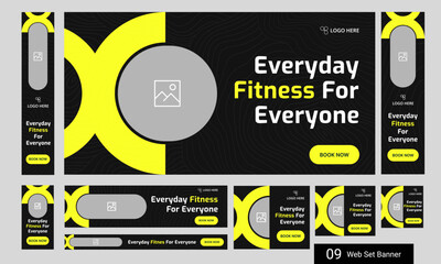 Trendy body fitness services web bundle banner design for social media post, daily exercise methods web set banner design, fully customizable vector eps 10 file format