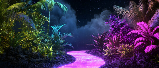 Glowing Pathway Through Colorful Tropical Plants At Night