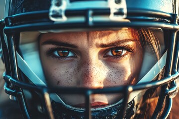 Portrait of intense female American football player in helmet