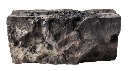 Fire-damaged stone with soot, ash layering and deep char marks, isolated on transparent background