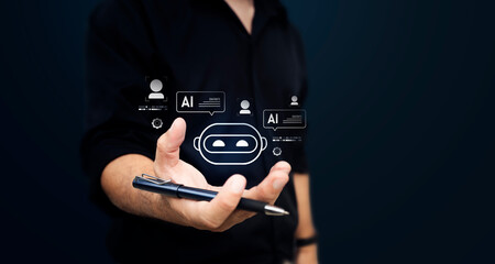Businessman presenting AI chatbot concept with virtual interface