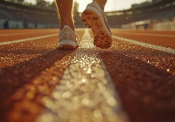 Close-up of a Young Adult Female Athlete Running on a Track During Golden Hour, With Focus on Feet and Textured Surface of the Running Lane