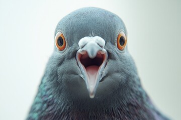 Close-Up Portrait of a Blue Grey Pigeon with Striking Orange Eyes and Open Beak, Showcasing Detailed Feather Patterns and Expression