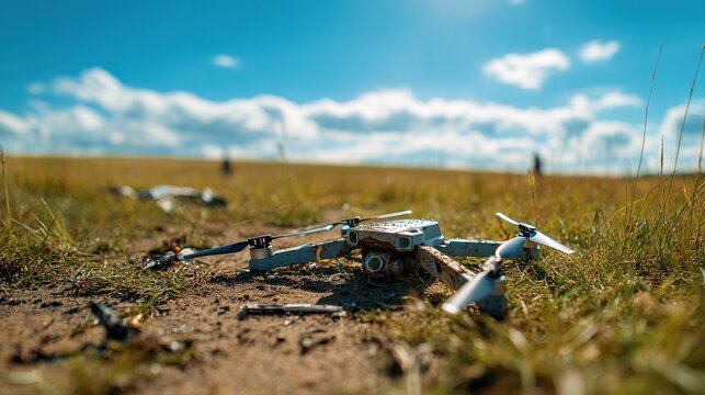 A crashed drone lying in a grassy field, with broken propellers and scattered debris, under a clear blue sky