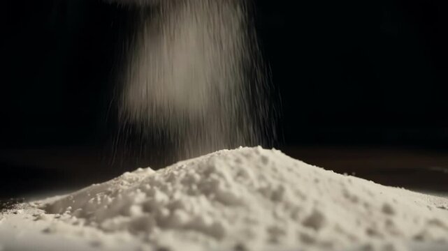 A detailed macro close-up shot of a white crumbling powdery substance on a pure black background, showing texture and grainy structure in high-contrast studio lighting.