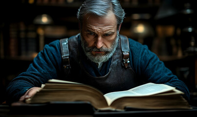 Grizzled Craftsman Studying Ancient Tome in Dim Light