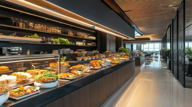 A buffet with a variety of food, including salads, sandwiches, and desserts. The atmosphere is inviting and welcoming, with a mix of colors and textures