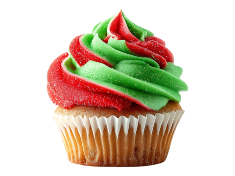A single cupcake with red and green frosting swirled on top against a white or transparent background in a studio shot