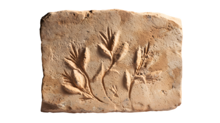 Flat sandstone tablet with naturally formed etchings, light tan color, isolated on white background