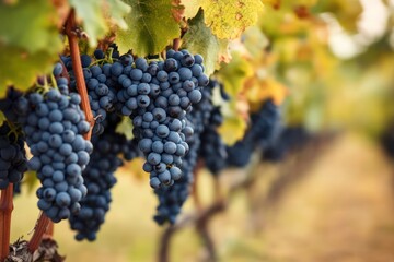 Fototapeta premium Bunches of dark grapes in scenic vineyard landscape with copy space