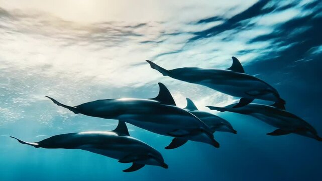 A group of dolphins swimming in the ocean. The water is blue and the sun is shining on the dolphins