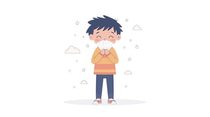 Cute Child Wiping Nose Due to Rhinitis – Flat Design Illustration with White Space