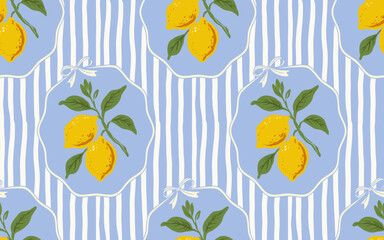 Seamless lemon pattern with blue and white wavy stripes, yellow lemons with green leaves, decorative frame and ribbon, fresh summer citrus fruit background, Mediterranean vector design