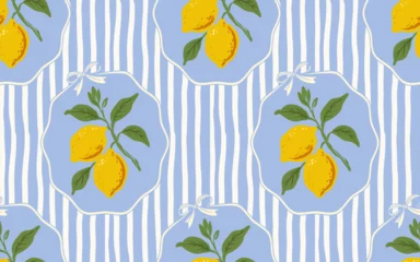 Gardinen Küche Muster  Seamless lemon pattern with blue and white wavy stripes, yellow lemons with green leaves, decorative frame and ribbon, fresh summer citrus fruit background, Mediterranean vector design  © Tasha