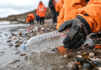 Community Cleanup Effort on a Rocky Beach: Volunteers in Orange Jackets Removing Marine Debris and Plastic Waste for Environmental Conservation