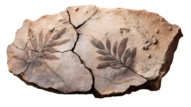 Flat cracked plate of sediment with leaf fossil imprints, isolated on white background