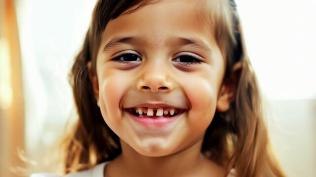 Cheerful young girl with brown hair and missing front teeth displays wide genuine smile showing pure happiness and childhood innocence in warm indoor lighting creating heartwarming portrait