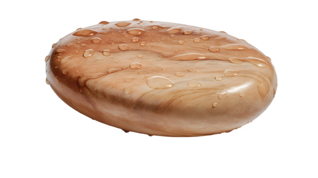 Flat skipping stone with elliptical shape, light brown hue, smooth surface and subtle water stains, isolated on transparent background