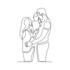 Continuous single line drawing of happy family couple dad and mom with baby kids newborn toddler. Vector illustration sketch editable stroke