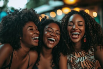 Group of friends laughing and enjoying dinner at outdoor restaurant in summer