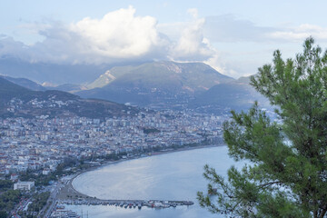 Scenic Aerial View of Alanya Harbor and City Coastline, Turkey