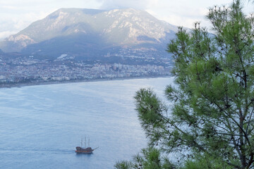 Scenic Aerial View of Alanya Harbor and City Coastline, Turkey