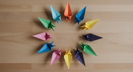 Colorful Origami Paper Pieces Arranged in a Circle on a Wooden Surface