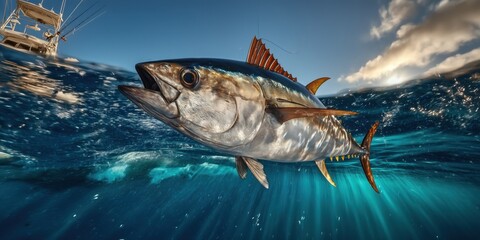  Fisherman is catching a giant tuna, battling its strength as he reels it in from the deep blue sea