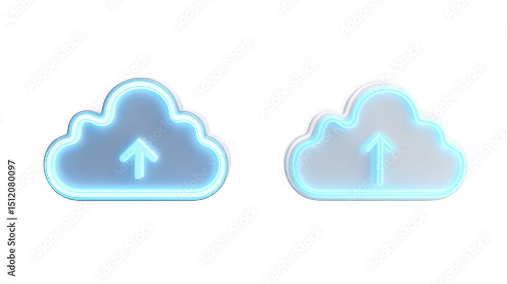 Poster two 3d cloud icons with glowing blue upload arrows represent data transfer and cloud computing on a 