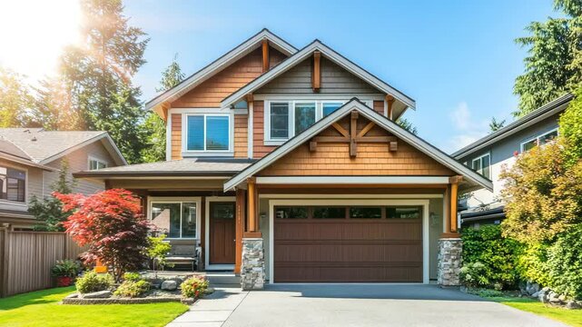 A large house with a brown garage door and a red maple tree in front of it. The house is surrounded by trees and has a nice, inviting appearance