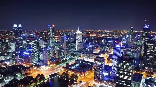 Dronelapse footage of Melbourne downtown at night showcasing vibrant city lights, illuminated streets, and modern skyline