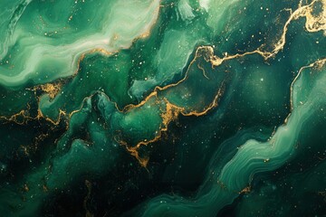 An Abstract Swirl of Emerald Green and Golden Veins: An Intricate Fluid Art Representation Evoking Depth and Elegance