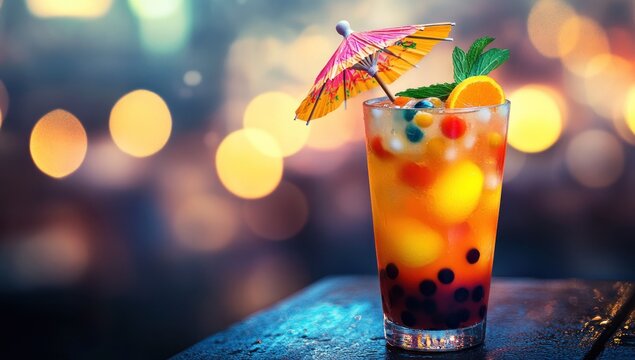Vibrant Tropical Cocktail with Boba and Umbrella