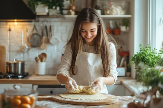 Teen girl making dough in cozy kitchen