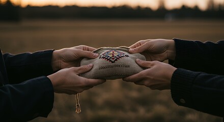 Hands Passing Embroidered Pouch in Natural Light Field at Dusk