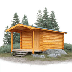 A wooden log cabin with a simple design, featuring a sloping roof and surrounded by lush greenery and rocks, ideal for rustic retreats or peaceful getaways.