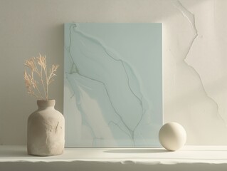 Minimalist background with a painting on a white table, a mockup template 