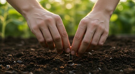 Hands Planting Seeds in Soil for New Life and Growth