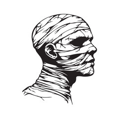 Vector sketch illustration of a mummy’s head, wrapped in aged bandages with a haunting, ancient expression