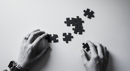 Hands Solving Puzzle Pieces on a White Surface in Monochrome Style