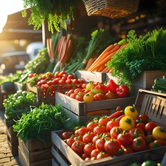 A vibrant and ultra-realistic outdoor vegetable market stall filled with fresh colorful produce like tomatoes, peppers, carrots, and leafy greens. Early morning sunlight casts warm soft shadows..