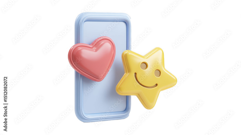 Poster 3d rendering of a smartphone with a blank screen and floating heart and star emojis, symbolizing pos