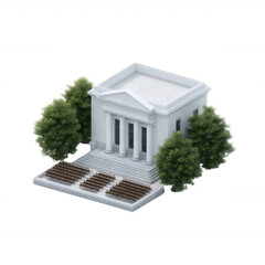 Architectural building with columns, surrounded by trees, isolated on a white background.
